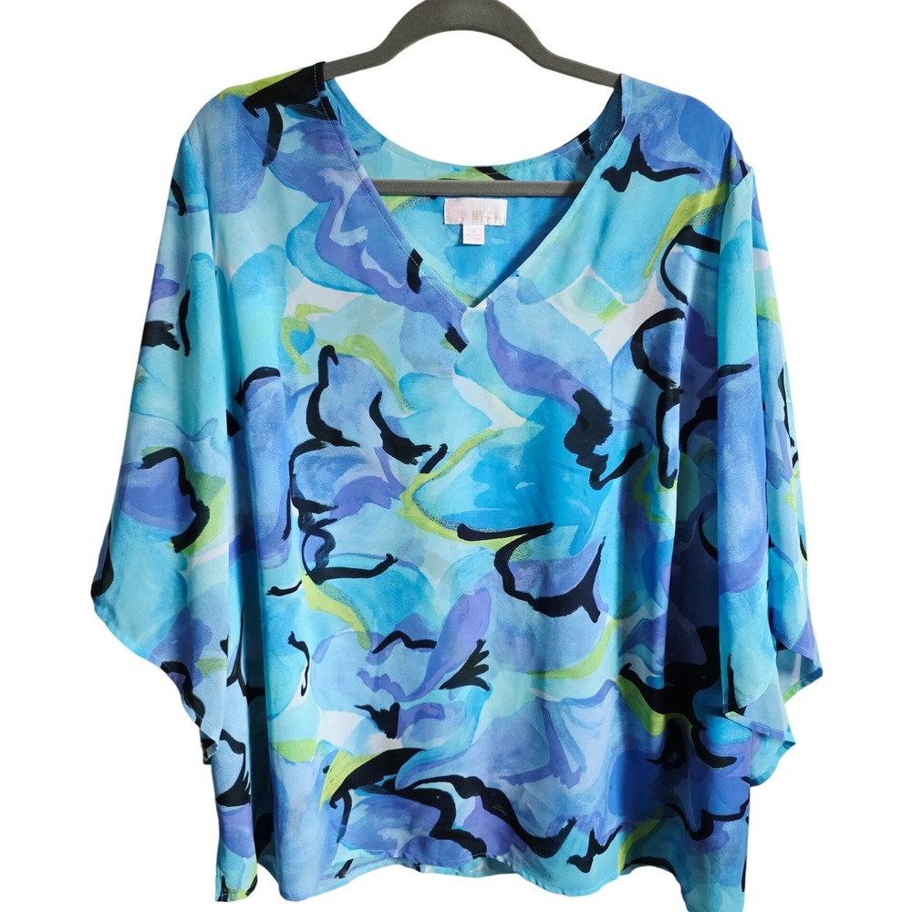 Belle Kim Gravel 1X Blue Watercolor Floral Chiffon V-Neck Dolman Sleeve Blouse - Picture 4 of 9